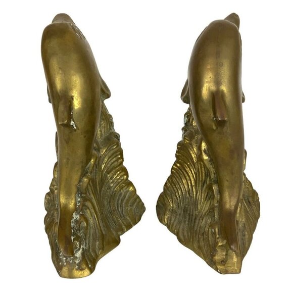 Vintage Brass Dolphin Waves Bookends Mid Century Home Library Decor Taiwan - Picture 5 of 8